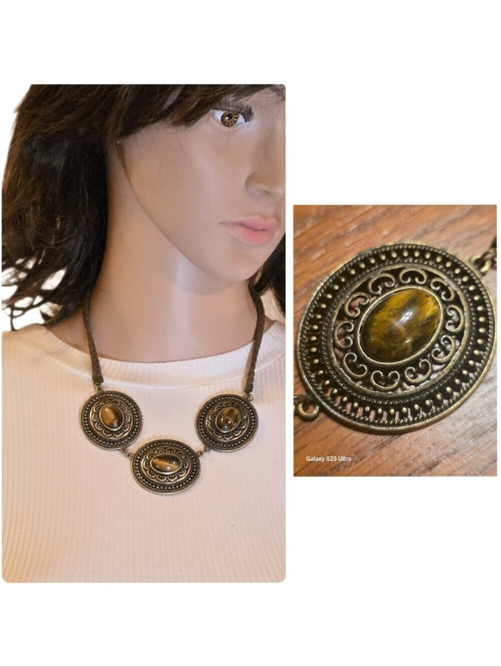 Vintage Antique Gold-Tone Tiger's Eye Medallion Necklace.